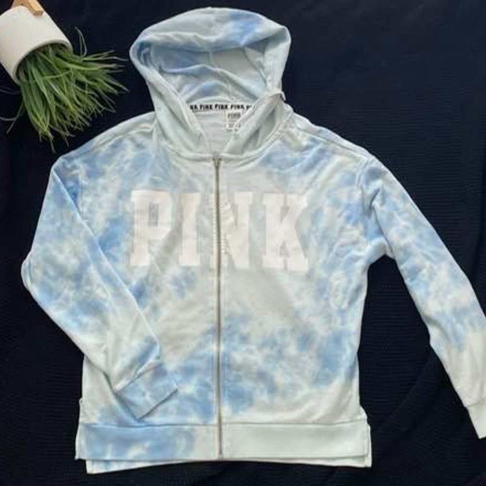 PINK Full Zip Hoodie Blue Tie Dye Size Small